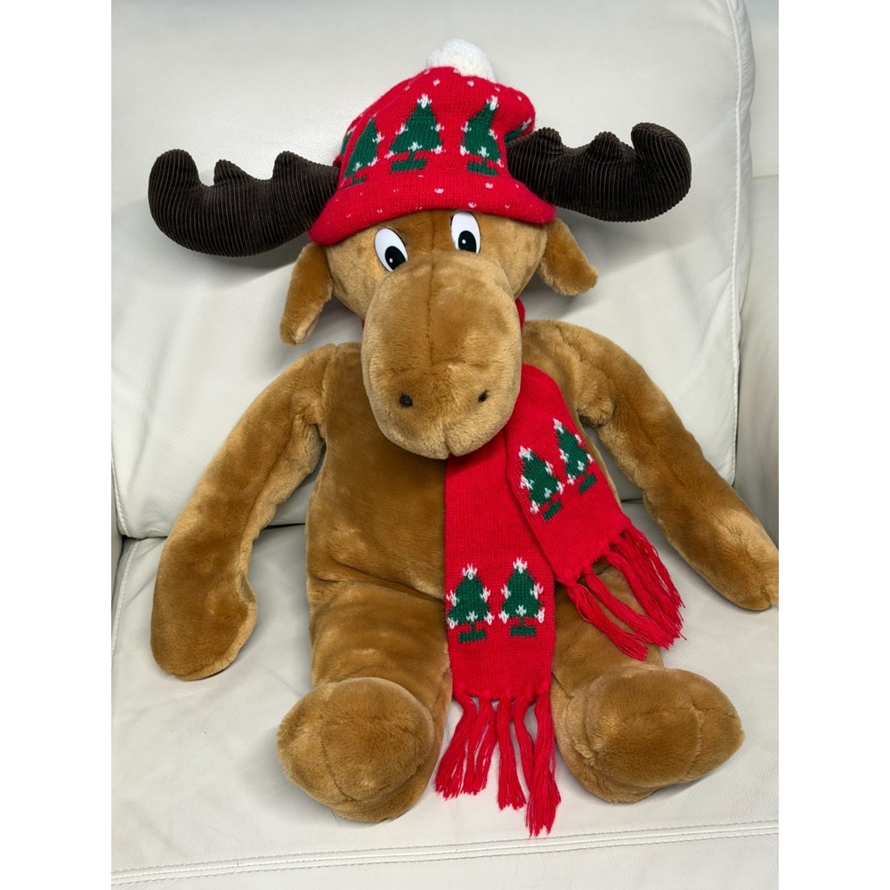 Mooseltoe Commonwealth 1986 Vintage Plush Moose With Knitted Hat Scarf 24" Tall